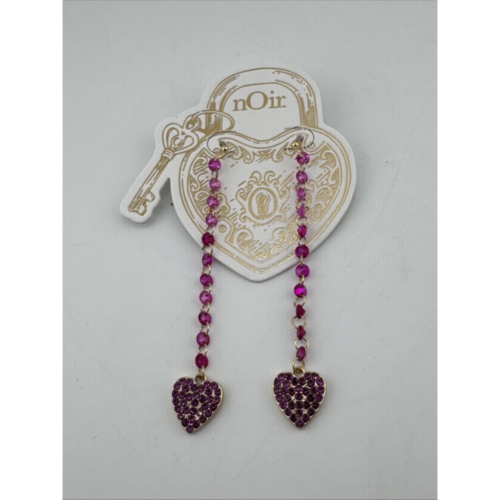 nOir Magenta Crystal Heart Dangle Earrings Gold Tone NWT